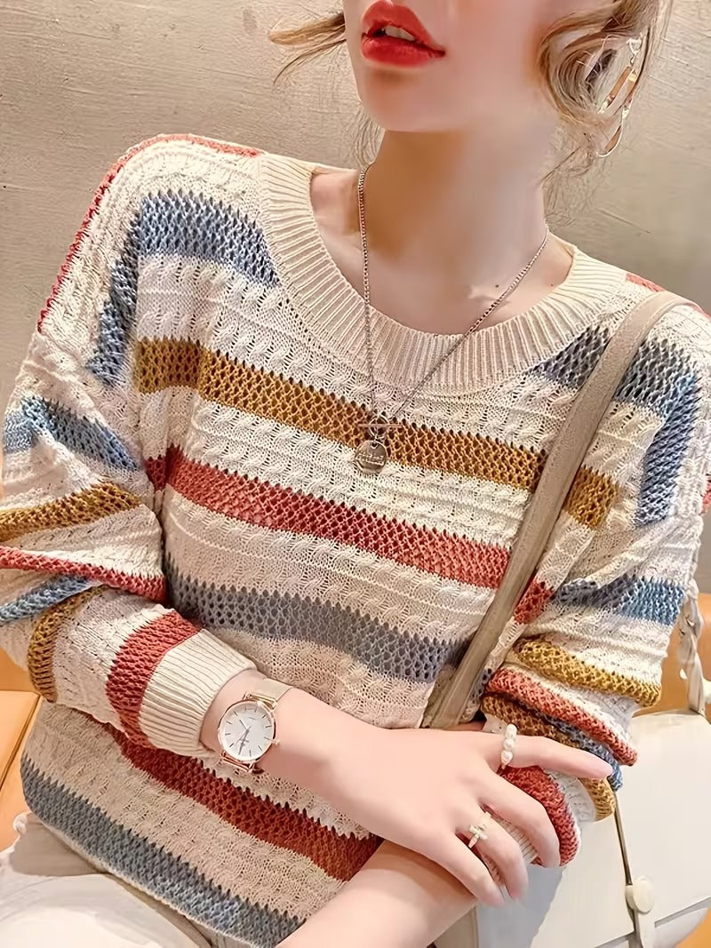 Women'S Striped Sweater | Loose-Fit, Color-Block Batwing Sleeves, Crew Neck, Medium Stretch Fabric, Perfect for Fall/Winter ( CR-53)