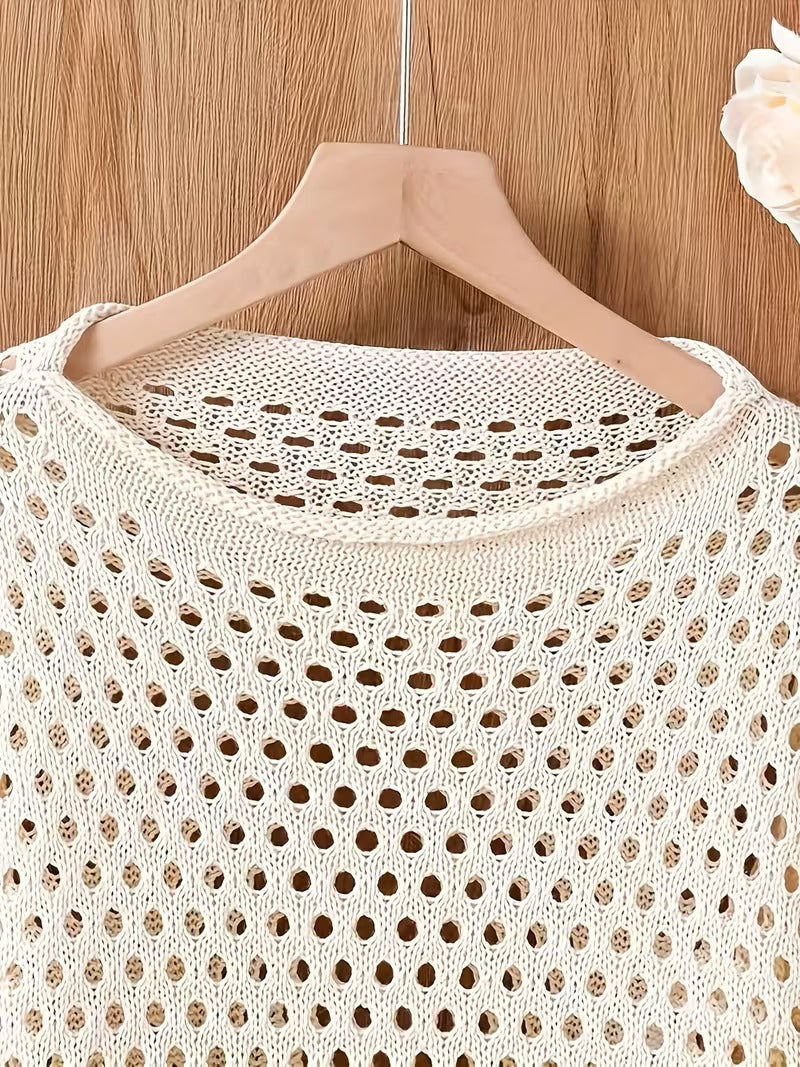 Women's Elegant Semi-Sheer Crochet Sweater - Drop Shoulder Loose Fit Crop Top with Ruffled Edges, Classic Sweater for Ladies, Seasonal Fashion, Offshoulder Design, Crochet Texture ( CR-18 )