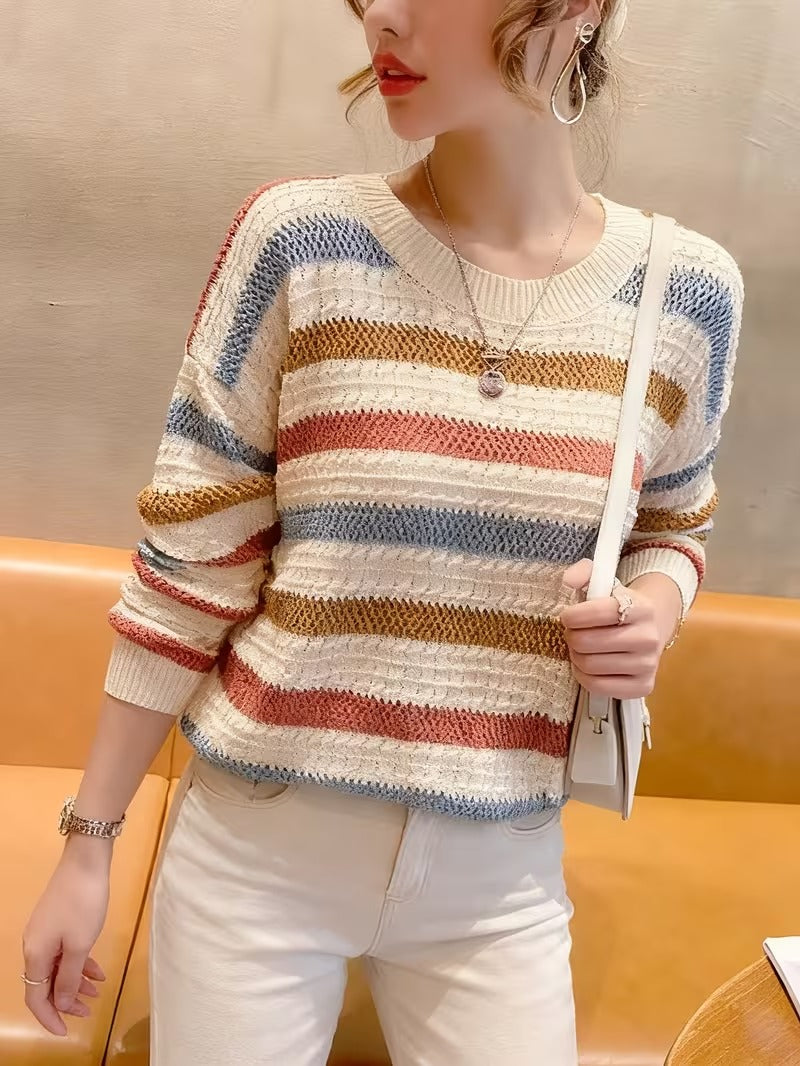 Women'S Striped Sweater | Loose-Fit, Color-Block Batwing Sleeves, Crew Neck, Medium Stretch Fabric, Perfect for Fall/Winter ( CR-53)