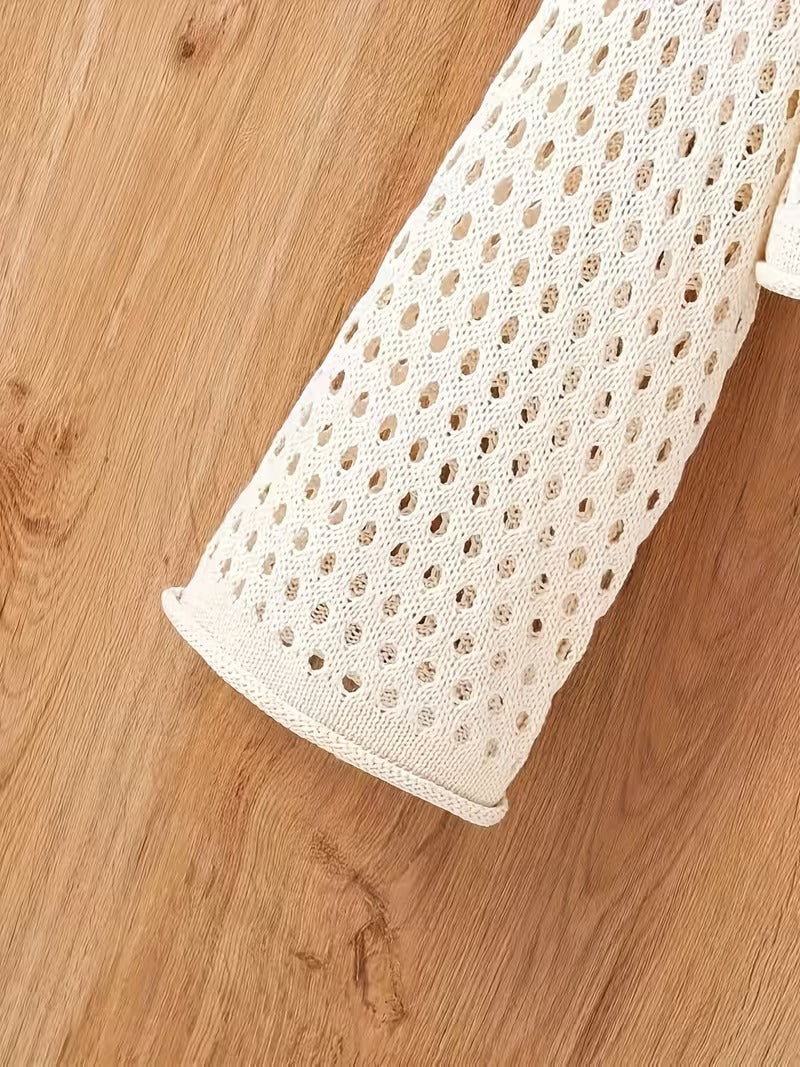 Women's Elegant Semi-Sheer Crochet Sweater - Drop Shoulder Loose Fit Crop Top with Ruffled Edges, Classic Sweater for Ladies, Seasonal Fashion, Offshoulder Design, Crochet Texture ( CR-18 )