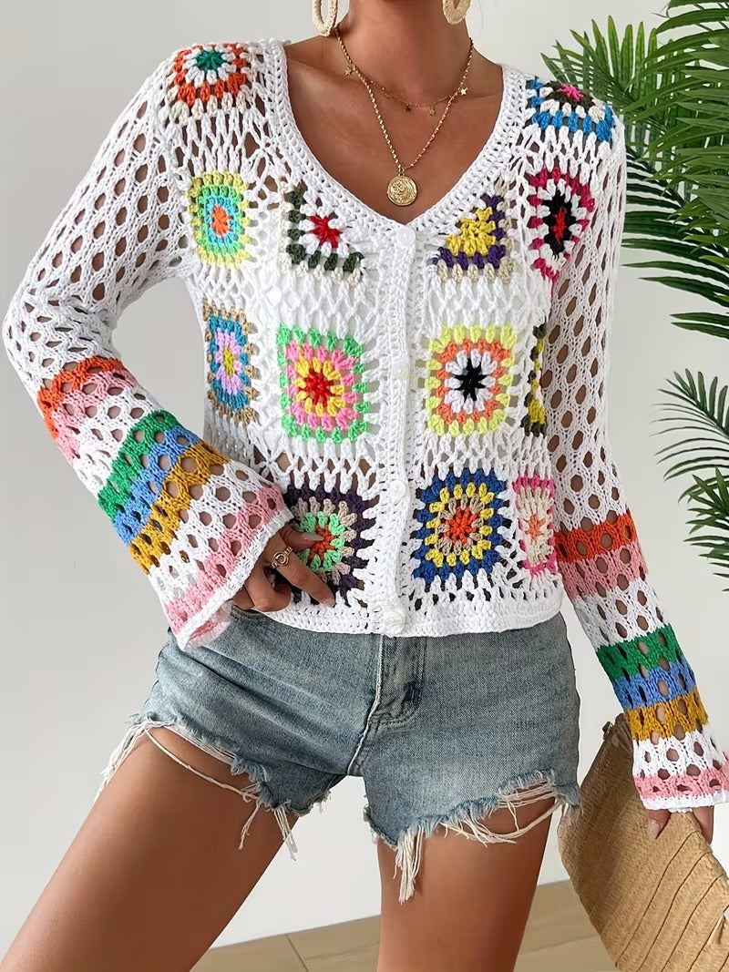 Handmade Boho Vintage Rainbow Color Semi-Sheer Sweater Jacket - Open Front Collar, Hollow Top for Spring/Fall Resort Wear, Boho-Chic Geometric Rainbow Colors( CR-44)