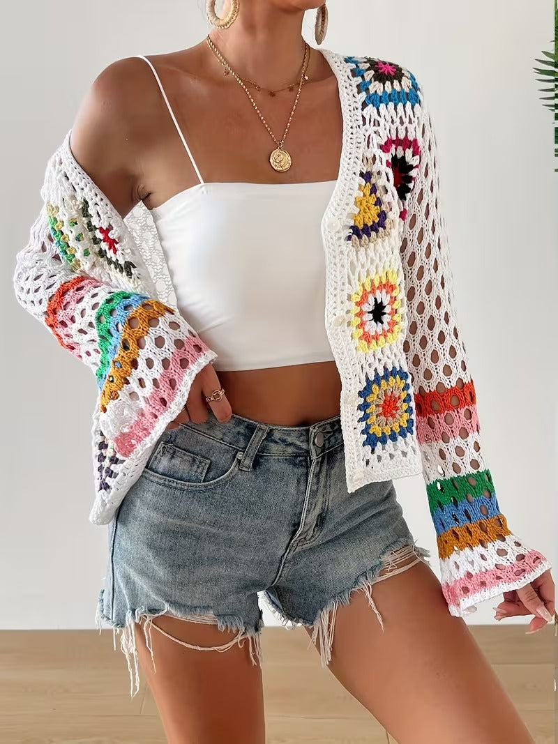 Handmade Boho Vintage Rainbow Color Semi-Sheer Sweater Jacket - Open Front Collar, Hollow Top for Spring/Fall Resort Wear, Boho-Chic Geometric Rainbow Colors( CR-44)