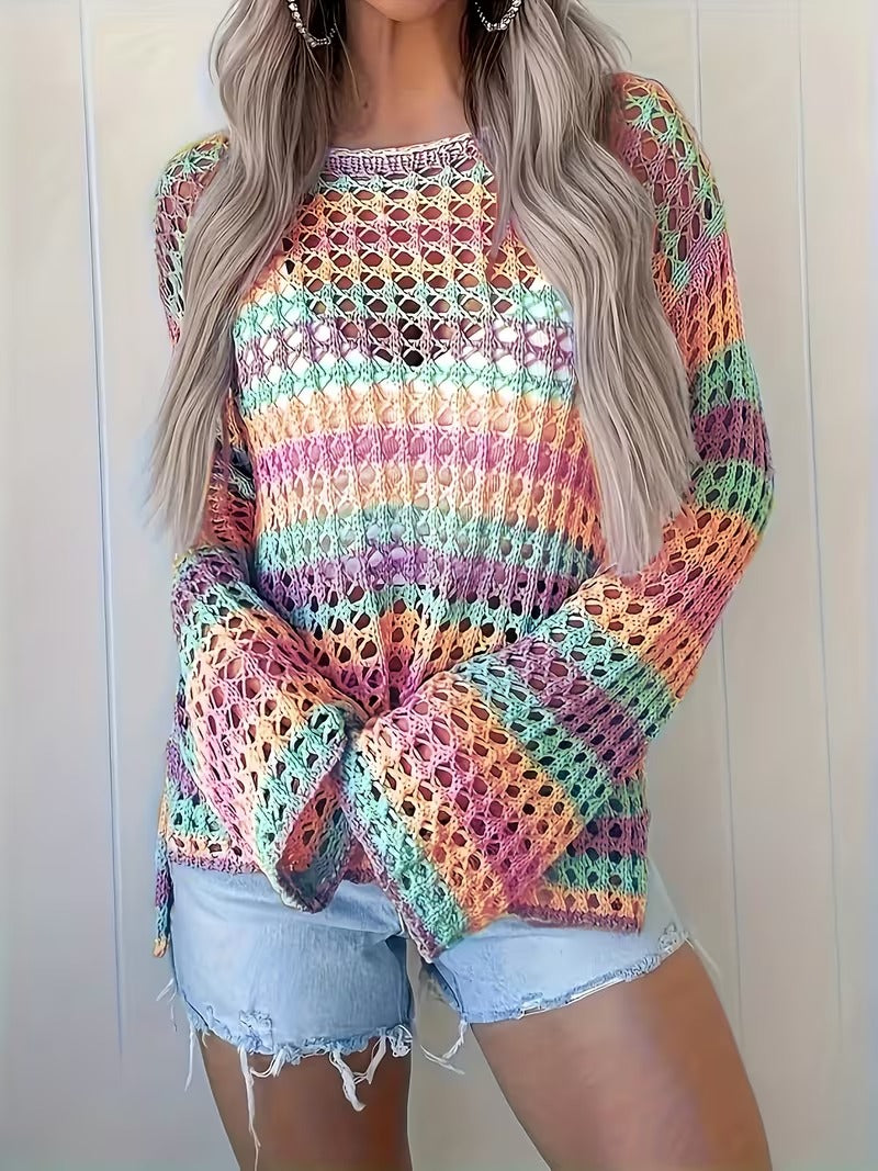 Plus Size Women's Elegant Crochet Pullover - Semi-Sheer Lace Sleeve Round Neck Sweater, Soft Pastel Spring Summer Fashion Top for Casual & Dressy Outfits, Crochet Sweater, Semitransparent Fabric ( CR-22 )