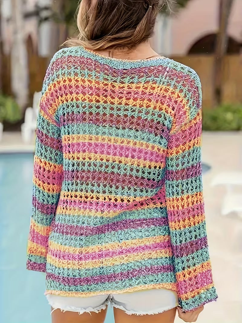 Plus Size Women's Elegant Crochet Pullover - Semi-Sheer Lace Sleeve Round Neck Sweater, Soft Pastel Spring Summer Fashion Top for Casual & Dressy Outfits, Crochet Sweater, Semitransparent Fabric ( CR-22 )
