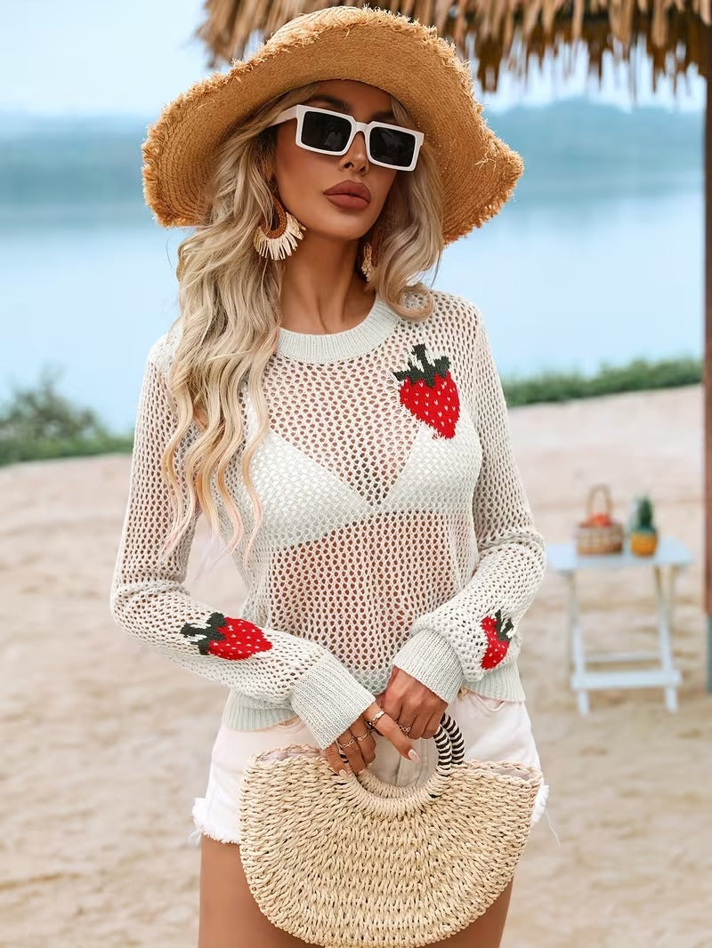 Women's Elegant Strawberry & Leaf Cut-Out Sweater - 100% Acrylic Semi-Sheer Round Neck Long Sleeve Top, Lightweight Stretchy Spring Summer Fall Casual Chic Pullover ( CR-27)