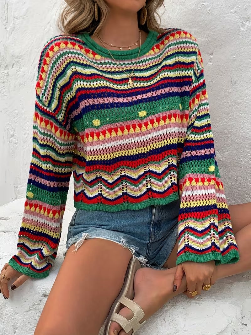 Women'S Colorful Striped Batwing Sleeve Knit Sweater - Casual Crew Neck, Long Sleeve, Loose Fit for Spring & Fall, Cute Sweaters ( CR-47)