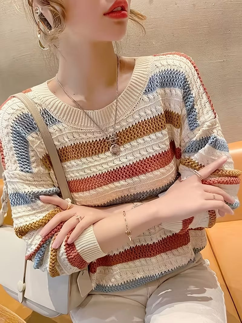 Women'S Striped Sweater | Loose-Fit, Color-Block Batwing Sleeves, Crew Neck, Medium Stretch Fabric, Perfect for Fall/Winter ( CR-53)