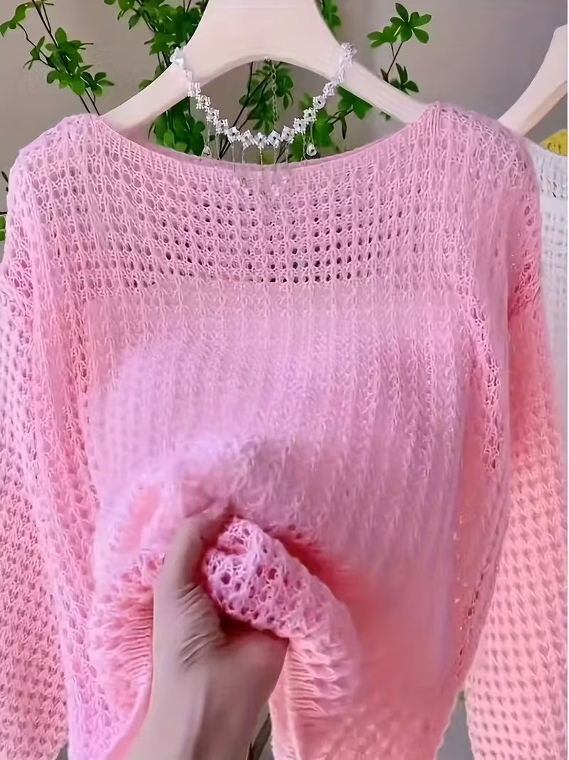 Women'S Chic Yellow Crochet Off-Shoulder Top with Long Sleeves - Lightweight Summer Blouse, Round Neck, Openwork Design, Perfect for Casual or Stylish Outfits, Casual Chic Wear | Offshoulder Fashion | Crochet Texture ( CR-24)