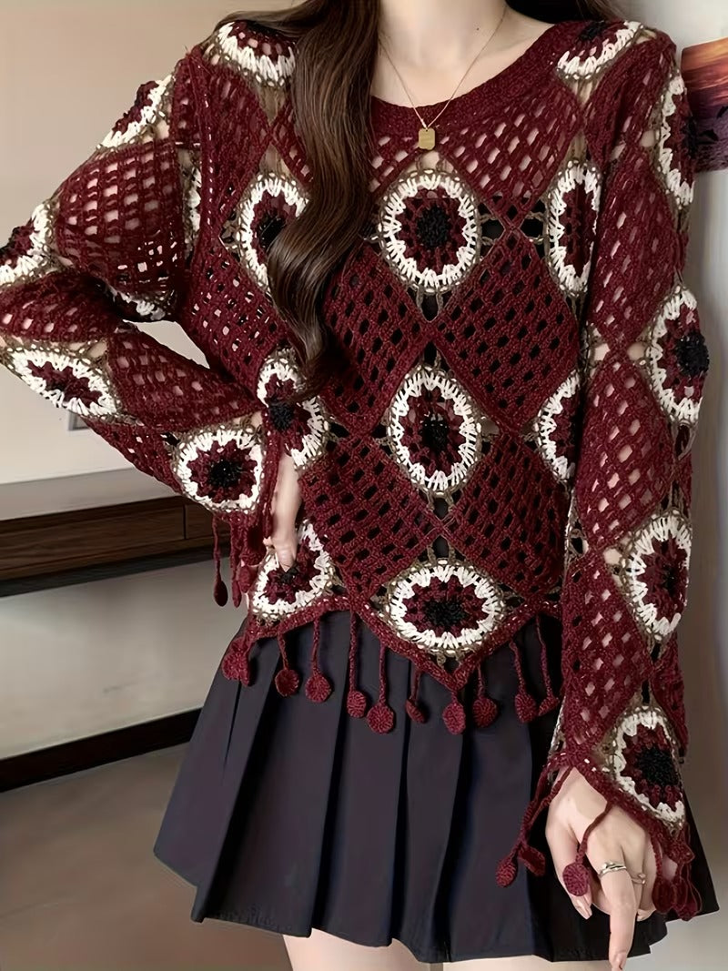 Women's Elegant Vintage Boho Crochet Sweater, Long Sleeve Round Neck Pullover with Tassel Hem & Crochet Pattern ( CR-1 )
