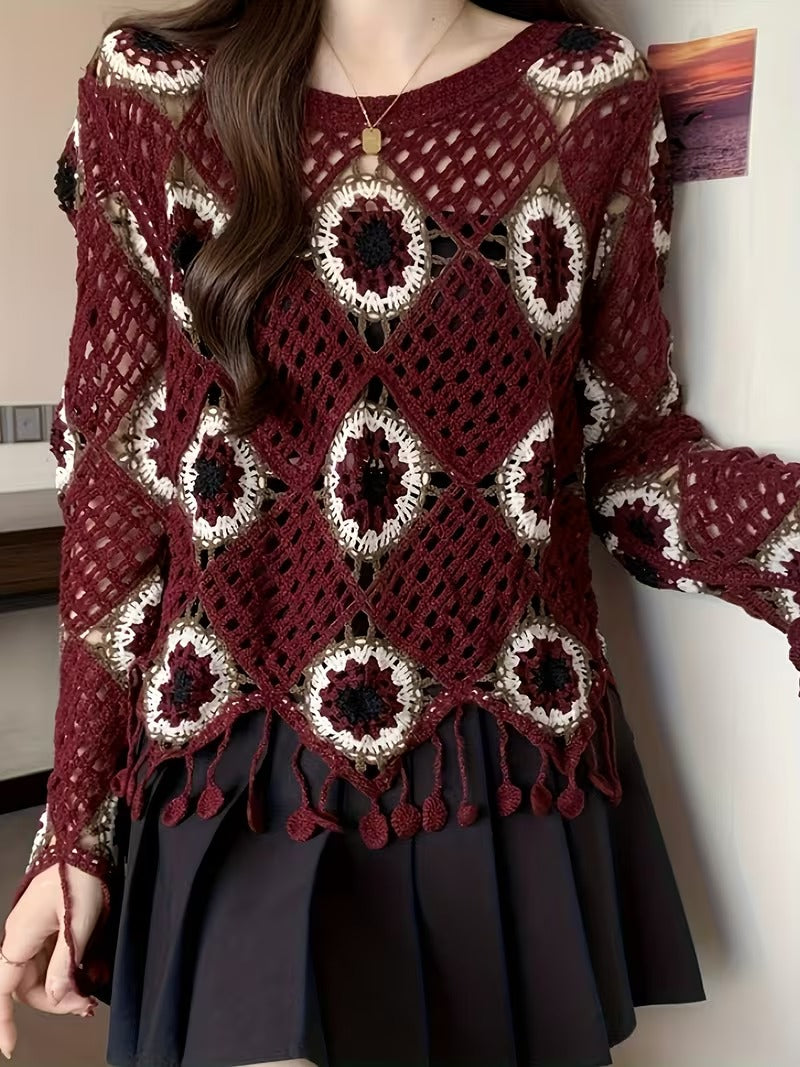 Women's Elegant Vintage Boho Crochet Sweater, Long Sleeve Round Neck Pullover with Tassel Hem & Crochet Pattern ( CR-1 )