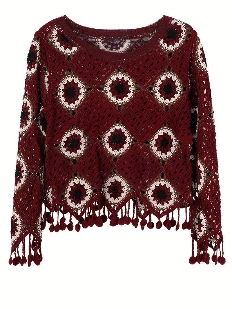 Women's Elegant Vintage Boho Crochet Sweater, Long Sleeve Round Neck Pullover with Tassel Hem & Crochet Pattern ( CR-1 )