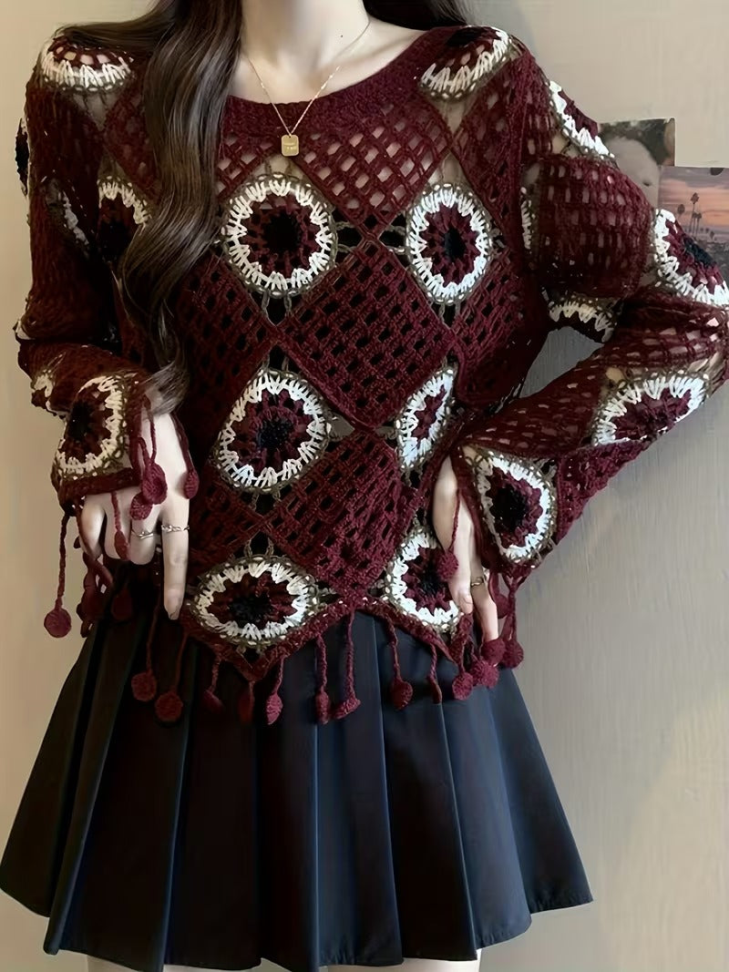 Women's Elegant Vintage Boho Crochet Sweater, Long Sleeve Round Neck Pullover with Tassel Hem & Crochet Pattern ( CR-1 )
