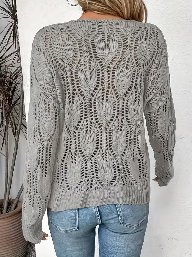 Elegant French-Inspired Hollow Crew Neck Pullover Sweater, Long Sleeve, Knit Polyester Top for Spring/Fall ( CR-54)