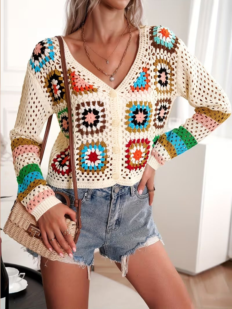 Patchwork Crochet Cardigan, Long Sleeve Button Up Casual Sweater, Women's Clothing ( CR-57)