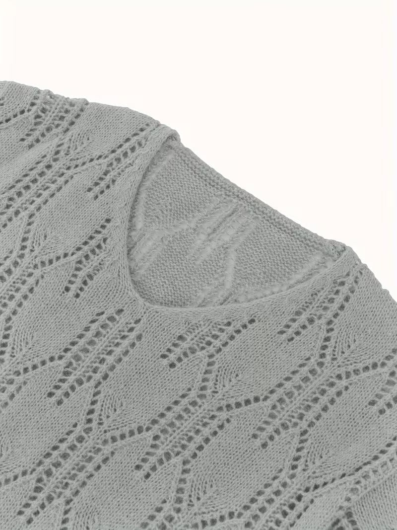 Elegant French-Inspired Hollow Crew Neck Pullover Sweater, Long Sleeve, Knit Polyester Top for Spring/Fall ( CR-54)