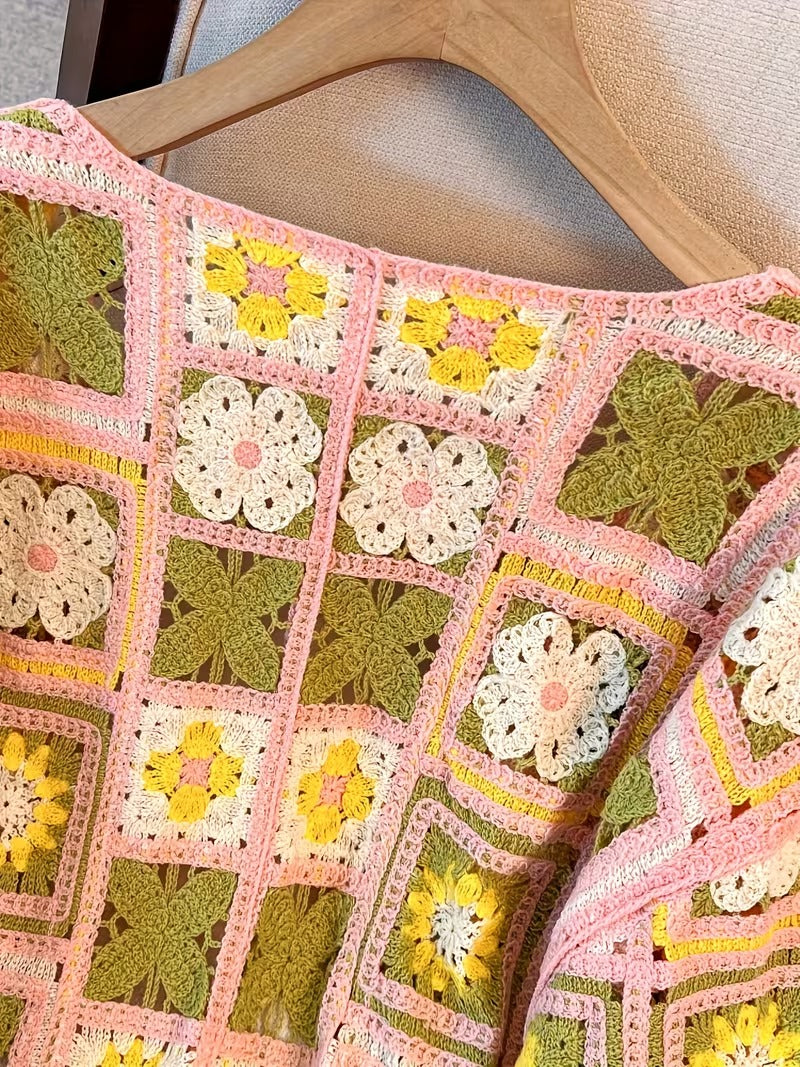 Casual Layering Piece, Open Front Cover-Up, Boho Knitwear, Color Block Sweater, Color Contrast, Hollow-Out Pattern, Artisanal Texture, Hand Wash Care, Casual Wear Enthusiasts, Women's Fashion( CR-6 )