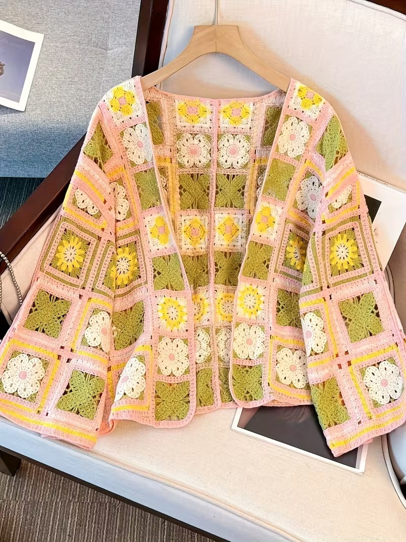 Casual Layering Piece, Open Front Cover-Up, Boho Knitwear, Color Block Sweater, Color Contrast, Hollow-Out Pattern, Artisanal Texture, Hand Wash Care, Casual Wear Enthusiasts, Women's Fashion( CR-6 )