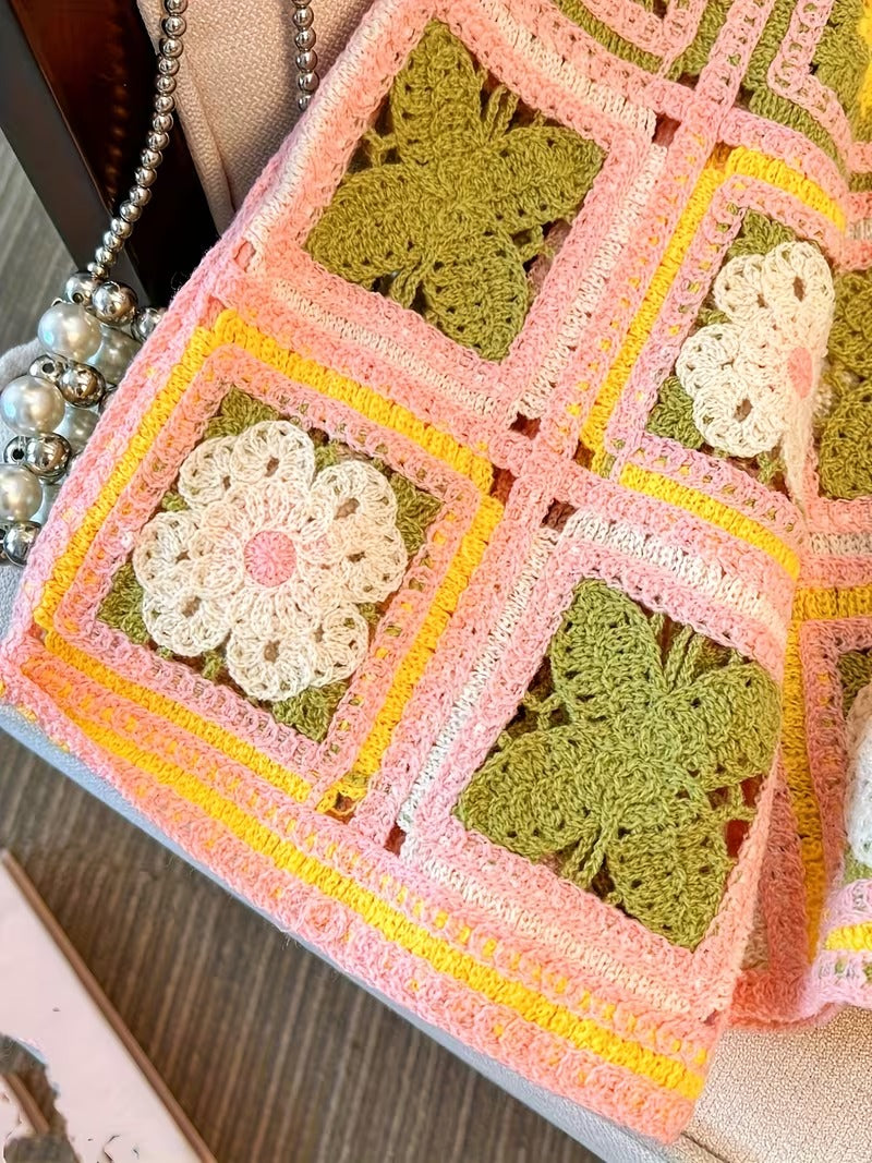 Casual Layering Piece, Open Front Cover-Up, Boho Knitwear, Color Block Sweater, Color Contrast, Hollow-Out Pattern, Artisanal Texture, Hand Wash Care, Casual Wear Enthusiasts, Women's Fashion( CR-6 )