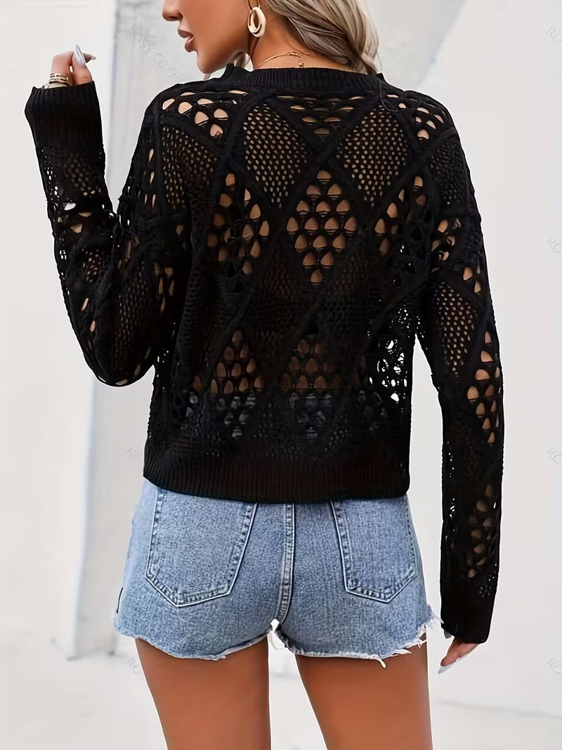 Women's Semi-Sheer Blouse - Solid Color Round Neck Sweater ( CR-61)