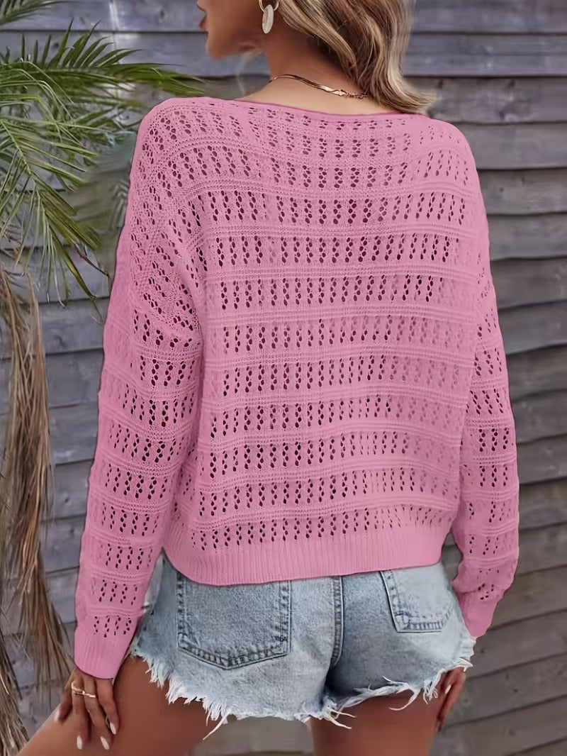 Women'S Pink Crochet Off-Shoulder Long Sleeve Top with Ruched Detail - Elegant Boat Neck, Stretchy Knit Fabric, Perfect for Spring/Summer, Casual Attire|Ruched Top|Stretchy Knit, Offshoulder Top ( CR-40)