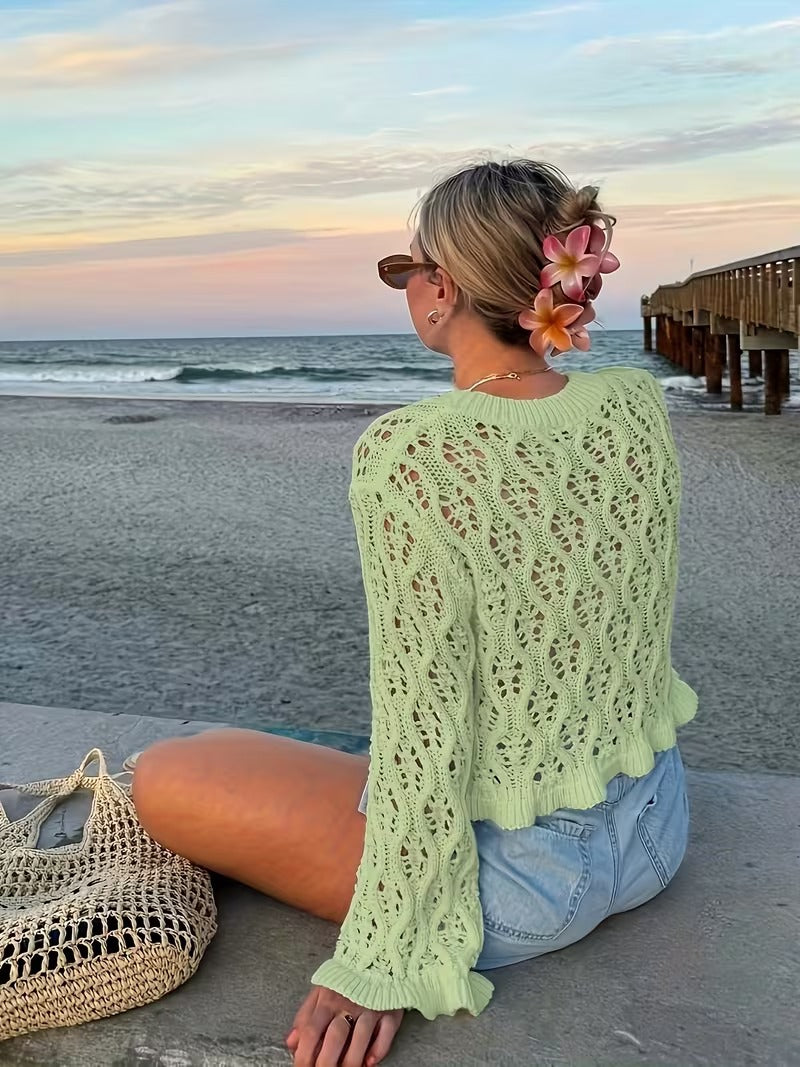 Spring/Summer Style, Instagram-famous Vacation Vibe, Textured Cut-out Patchwork Ruffle-trim Long-sleeve Sheer Top, Beach Bikini Cover-up ( CR-49)