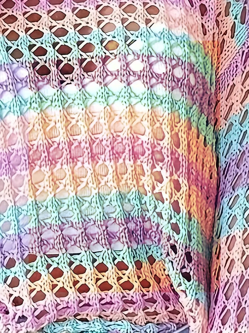 Plus Size Women's Elegant Crochet Pullover - Semi-Sheer Lace Sleeve Round Neck Sweater, Soft Pastel Spring Summer Fashion Top for Casual & Dressy Outfits, Crochet Sweater, Semitransparent Fabric ( CR-22 )