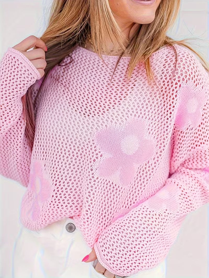 Women'S Floral Top - Lightweight, Breathable Pullover with Intricate Flower Design, Long Sleeves, Round Neck, Perfect for Spring and Summer Vacations and Casual Attire, Ladies Tops ( CR-32)