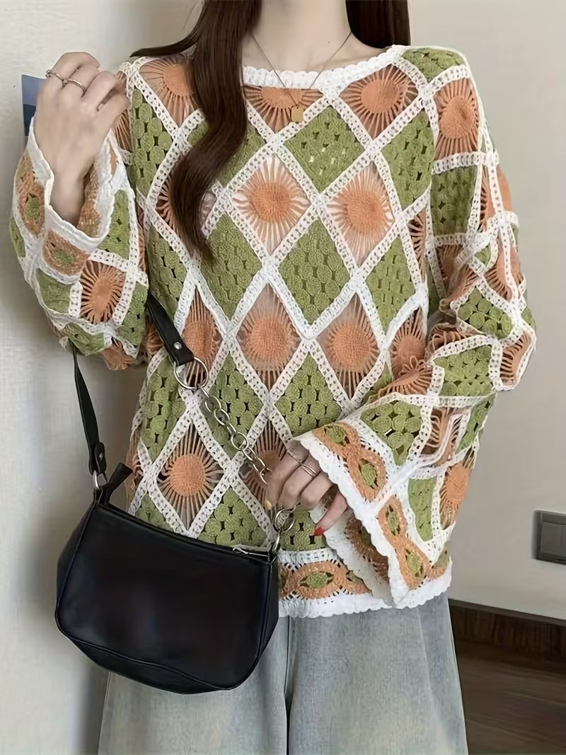 Dopamine Rhombus Crochet Hollow Sweater for Women, Bohemian Style Top Outerwear Cover-Up ( CR-2 )