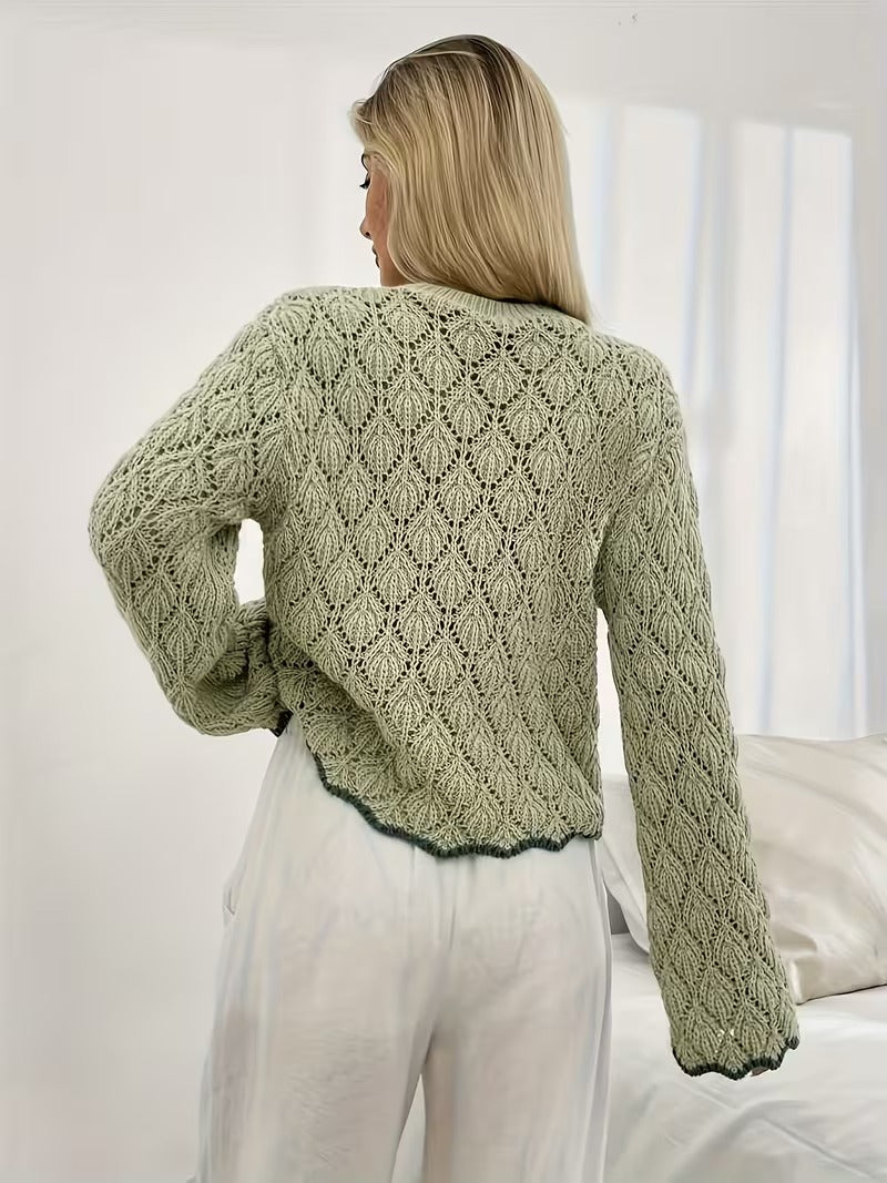 Oversized Fashionable Versatile Hollow-Out Pullover Round Neck Long Sleeve Casual Sweater, Recommend Sizing ( CR-48)