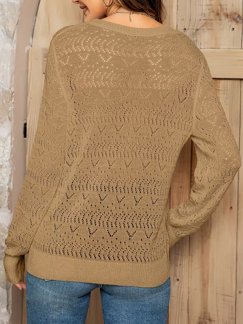 Women'S Casual White Crochet Sweater with Long Sleeves - Comfortable, Stylish, Perfect for Spring/Summer/Fall, Fall Casual Wear | Crochet Texture | Detailed Pattern ( CR-41)