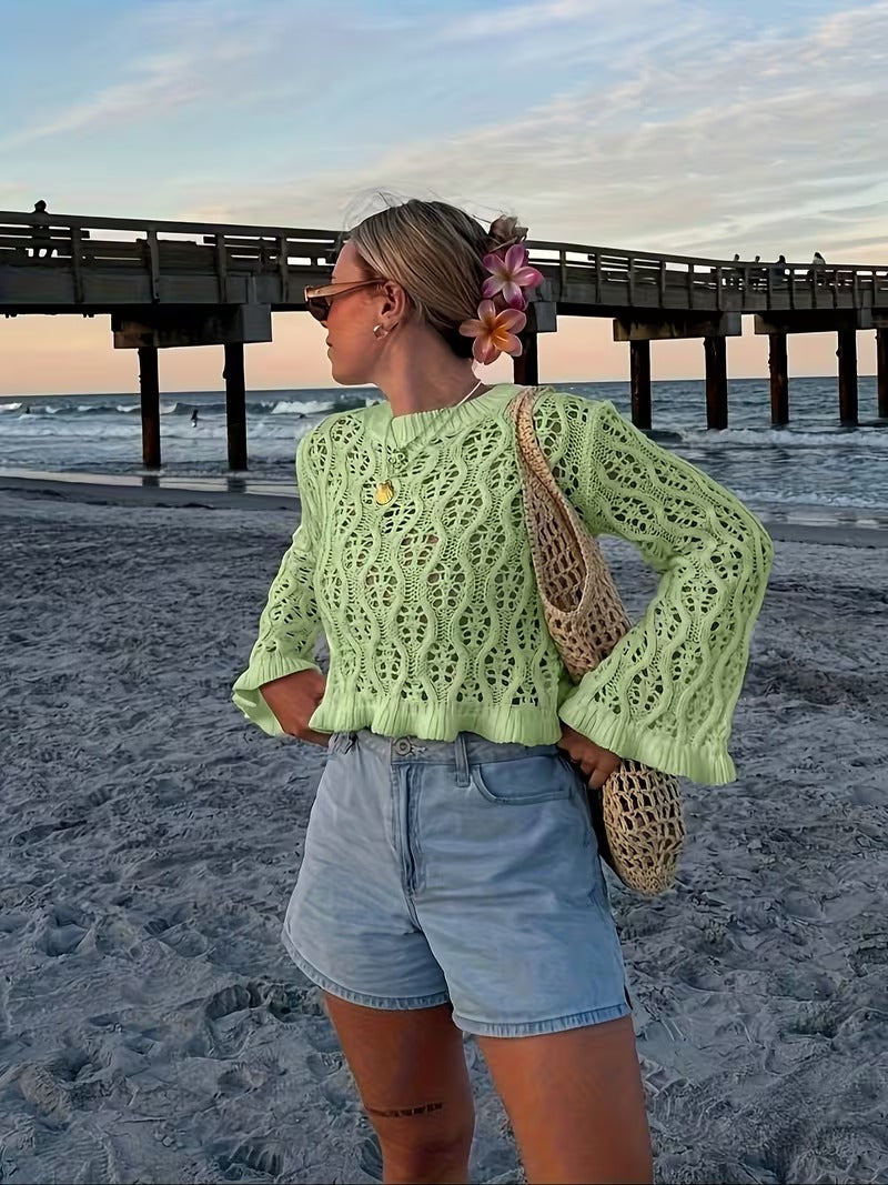 Spring/Summer Style, Instagram-famous Vacation Vibe, Textured Cut-out Patchwork Ruffle-trim Long-sleeve Sheer Top, Beach Bikini Cover-up ( CR-49)