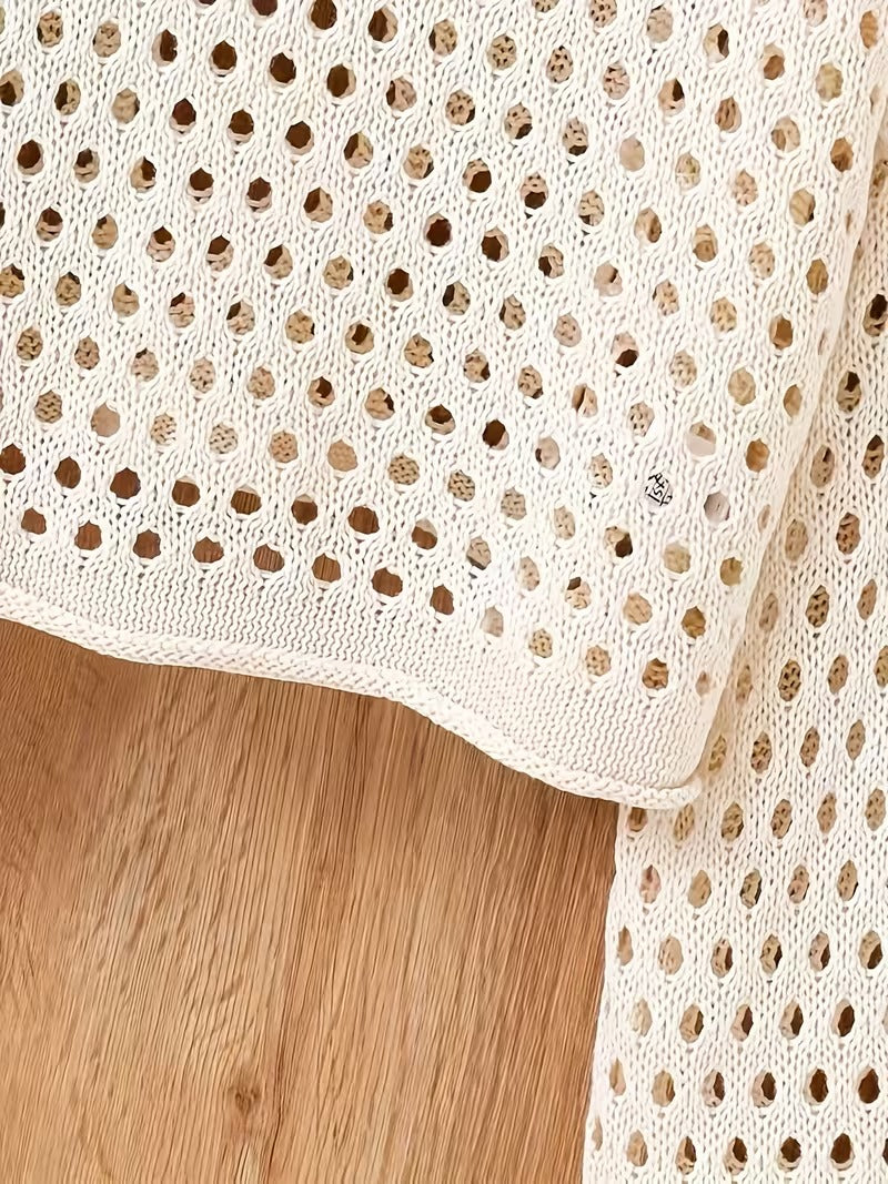 Women's Elegant Semi-Sheer Crochet Sweater - Drop Shoulder Loose Fit Crop Top with Ruffled Edges, Classic Sweater for Ladies, Seasonal Fashion, Offshoulder Design, Crochet Texture ( CR-18 )