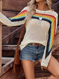 Plus Size - Women'S Rainbow Striped Pullover Hollow Sweater | Long-sleeved Crew Neck Top for Spring/Autumn, Fashionable Daily Wear, Elegant Casual Style, Suitable for Vacation Outings ( CR-39)