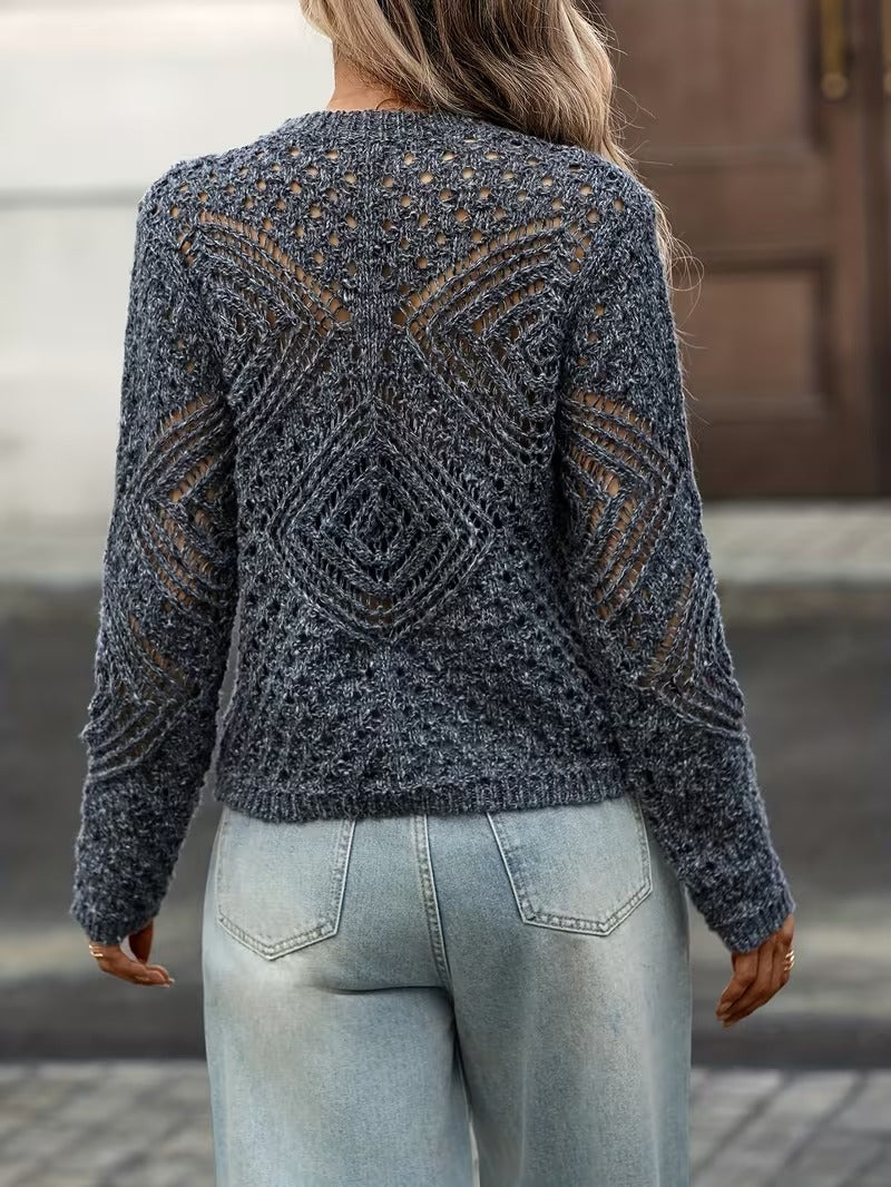 Women's Hollow-Out Pullover Sweater, Casual Elegant Cardigan, Crochet Bohemian Long Sleeve Lightweight Pullover Sweater ( CR-55)