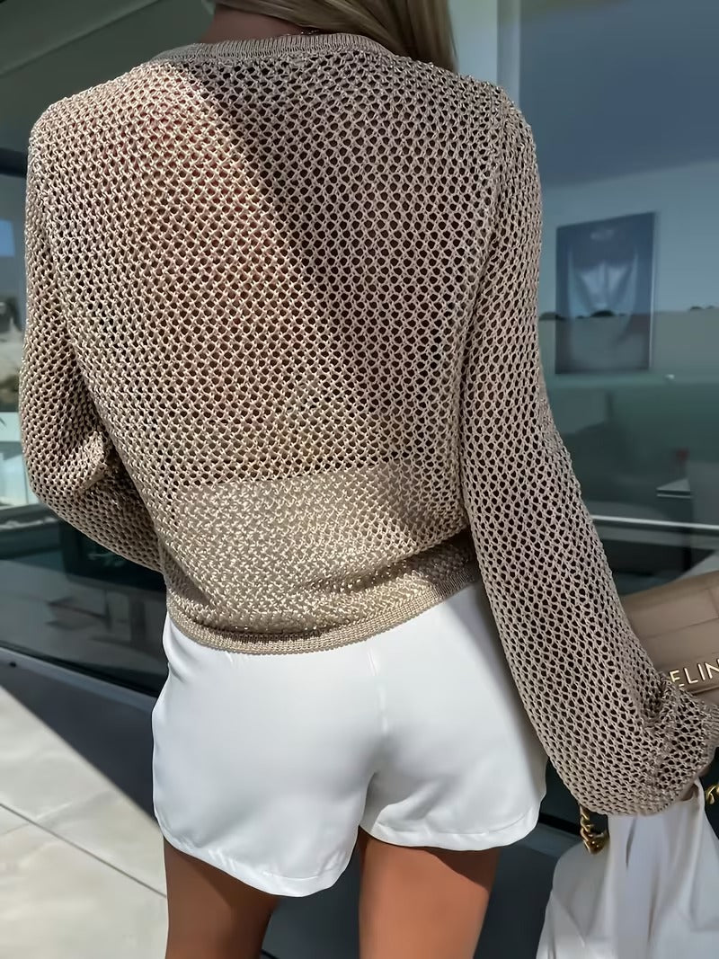 Women's Casual Knit Openwork Smock - Round Neck Semi-Sheer Lightweight Cover-Up, All-Season Layering Piece, Hand Wash/Dry Clean, Solid Color Versatile Top ( CR-37)