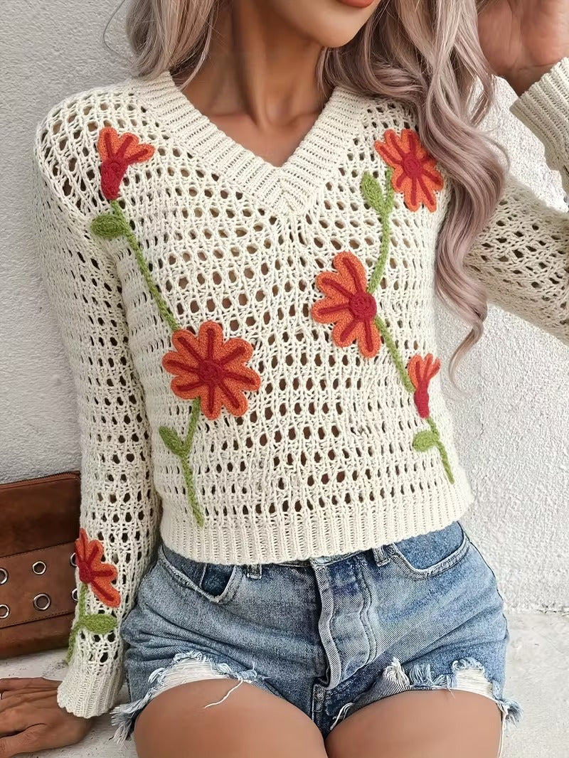 Women'S Elegant V-Neck Sweater with 3D Floral Embroidery - Soft Round Neck Pullover, All-Season Casual & Formal Tops, Machine Washable, Solid Color Design for Everyday, Ladies Sweaters, Decorative Embroidery ( CR-31)