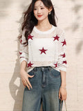 Elegant Off-Shoulder Long Sleeve Pullover with Star Cutouts - Chic Geometric Pattern, White Top for Women, Perfect for Spring/Summer/Fall, Casual Chic Outfit | Star Pattern Top | Construction( CR-17 )