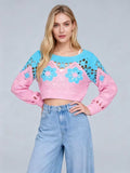 Women'S Bohemian Crochet Long Sleeve Top - Pastel Pink & Blue Floral Blouse with 3D Crochet Sleeve Trim, Round Neck Casual Streetwear Shirt for Spring/Fall( CR-16 )