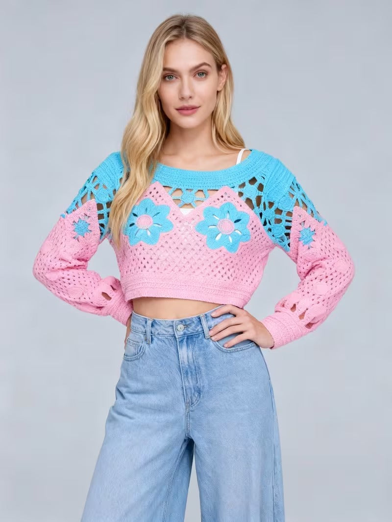 Women'S Bohemian Crochet Long Sleeve Top - Pastel Pink & Blue Floral Blouse with 3D Crochet Sleeve Trim, Round Neck Casual Streetwear Shirt for Spring/Fall( CR-16 )